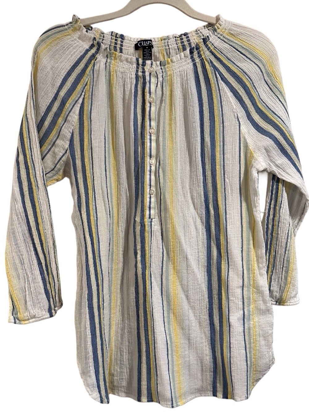 Chaps Women's Blue & Yellow Striped Lulu Peasant Stretchy Blouse Top Size Medium - Picture 3 of 15